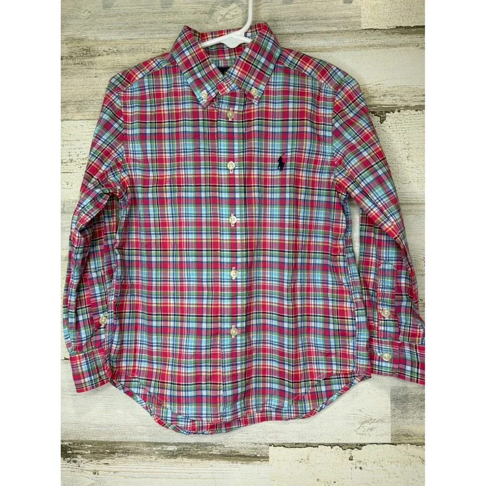 Ralph Lauren Button Down Shirt Boys 4T Red Blue Plaid Preppy EUC